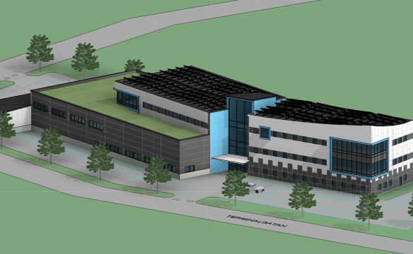 Illustration som visar en byggnad med solceller på taket.